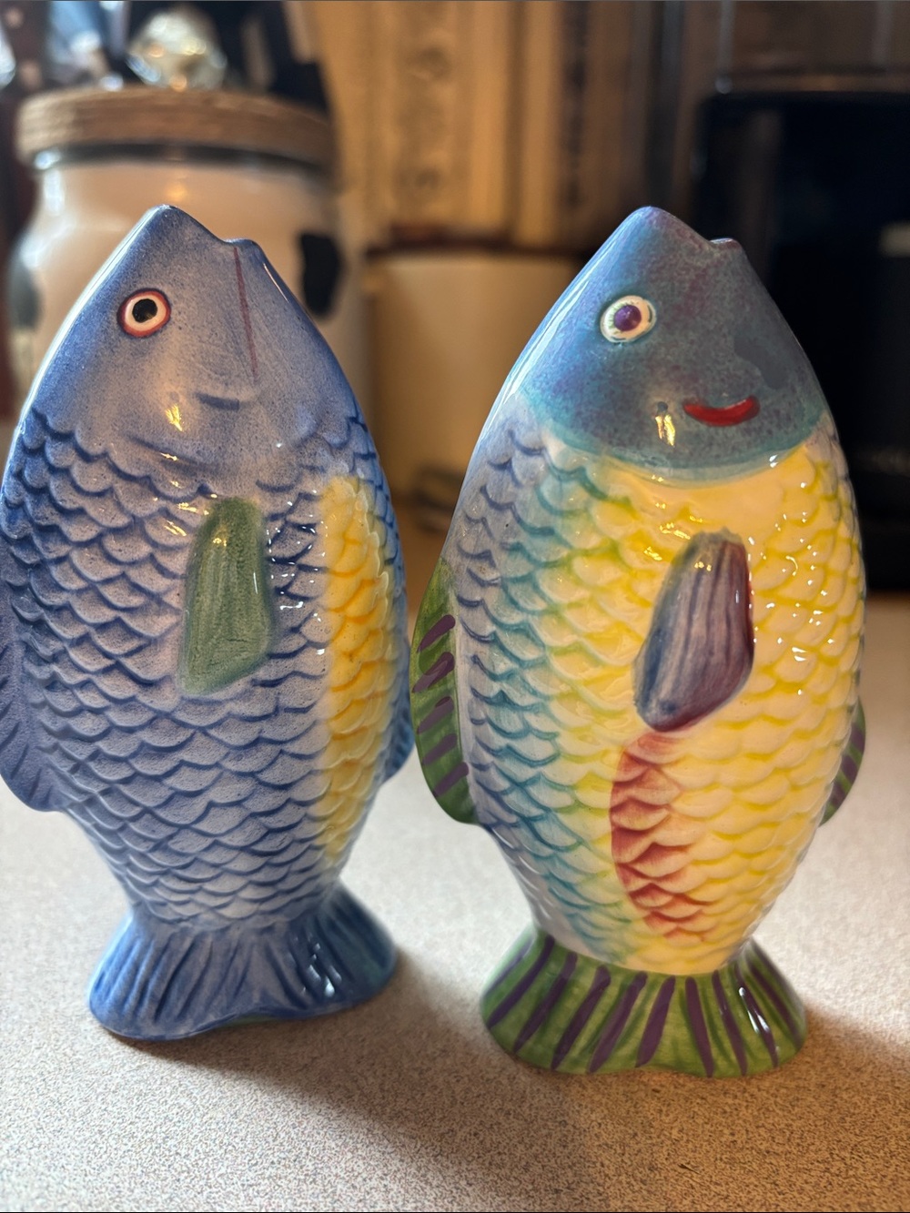 Colorful Blue & Yellow Fish Salt and Pepper Shakers - Decorative Ceramic